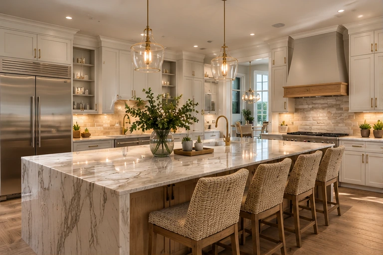 A bright residential kitchen with an island and warm wood stools
