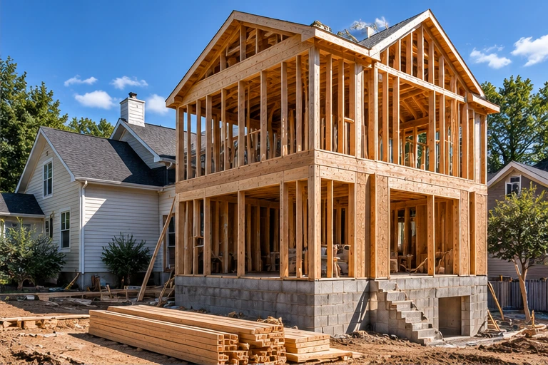 A two-story home addition under construction with exposed timber framing