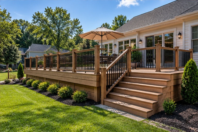 A wood deck with stairs and dark railing