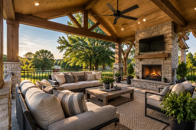 A covered outdoor patio with timber beams and a fireplace